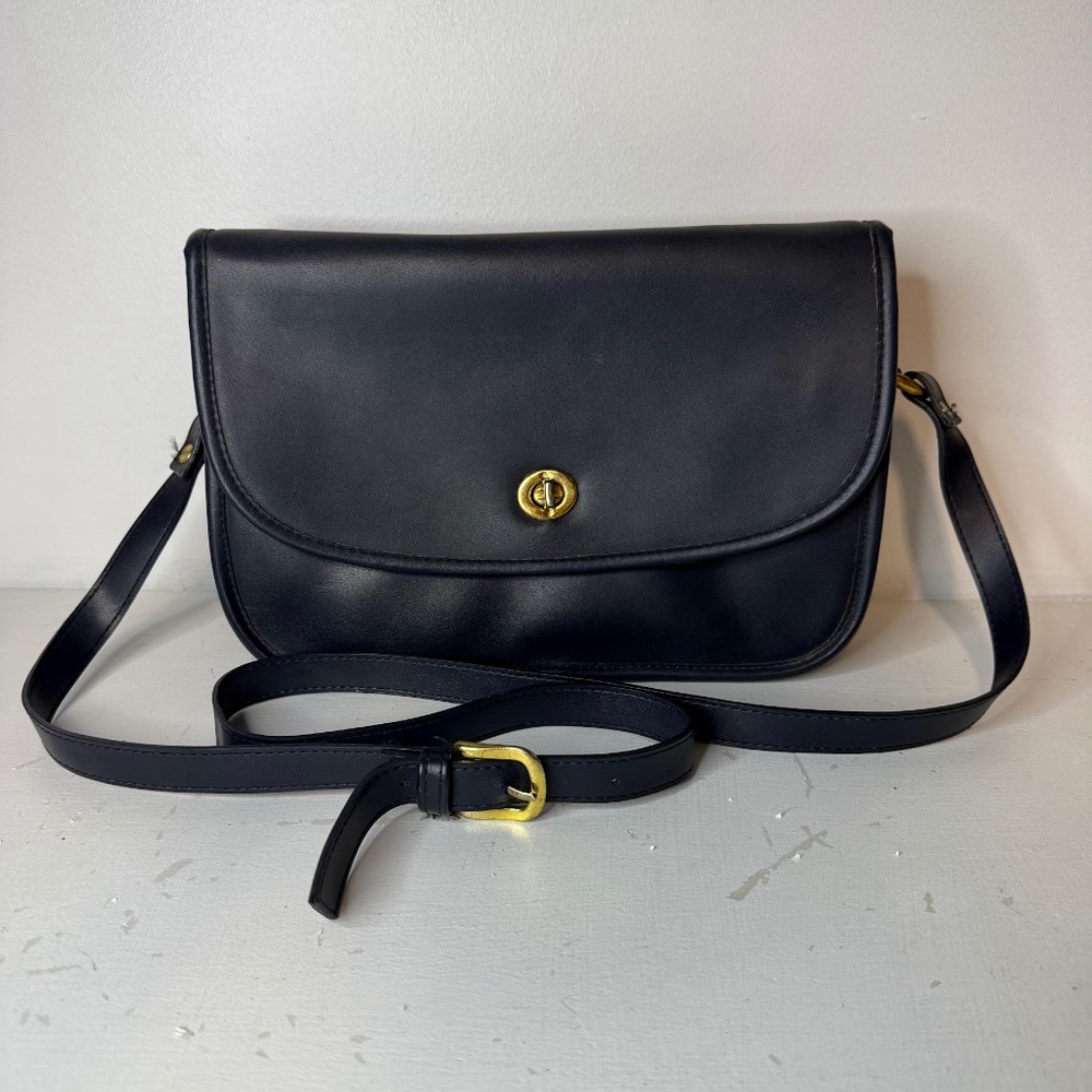 Vintage Navy Blue Leather Crossbody Flap Purse 90s "City Bag" Style